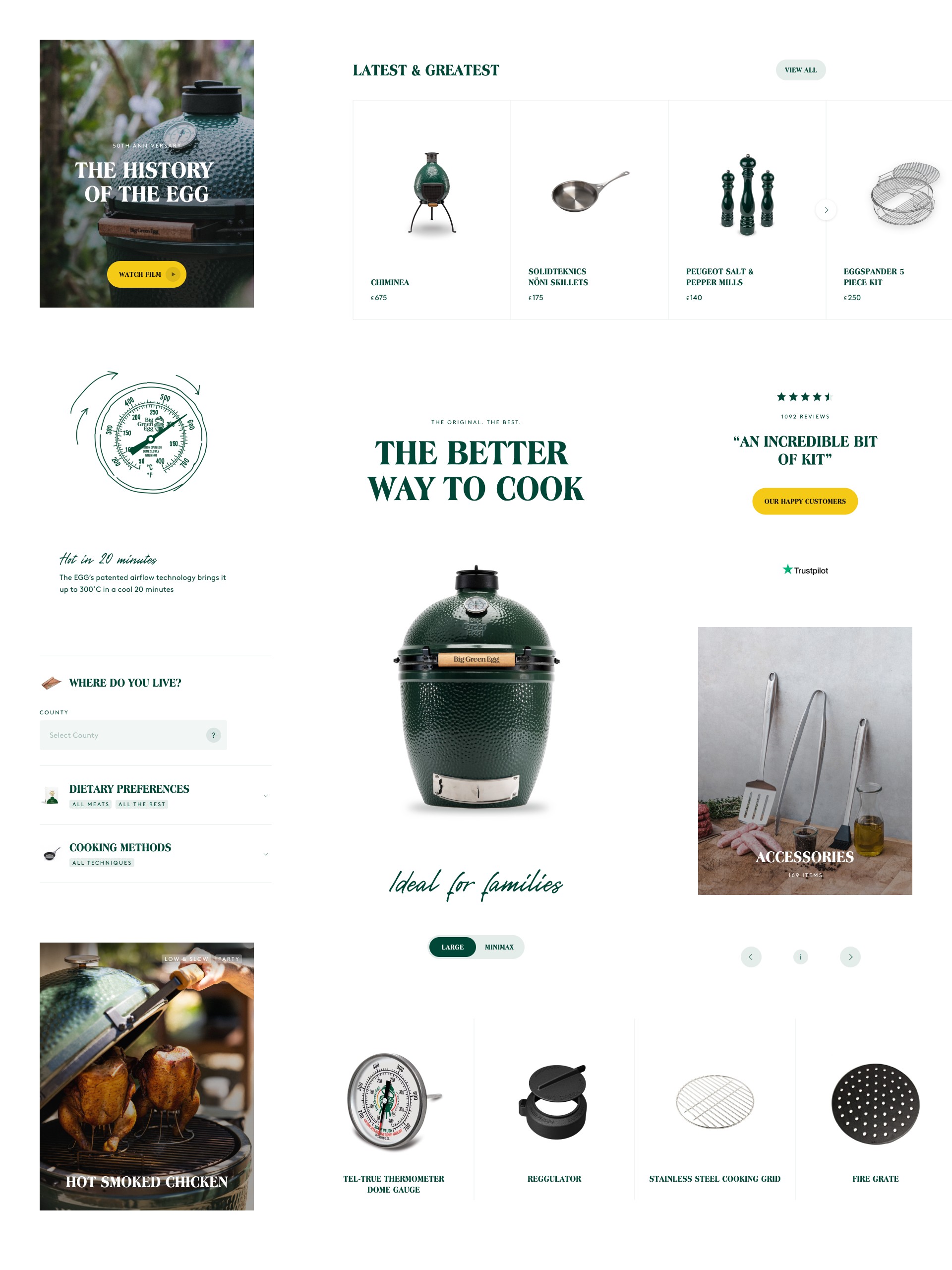 A mood board displaying components of the Big Green Egg design system, including colours, typography, UI elements, and layouts.
