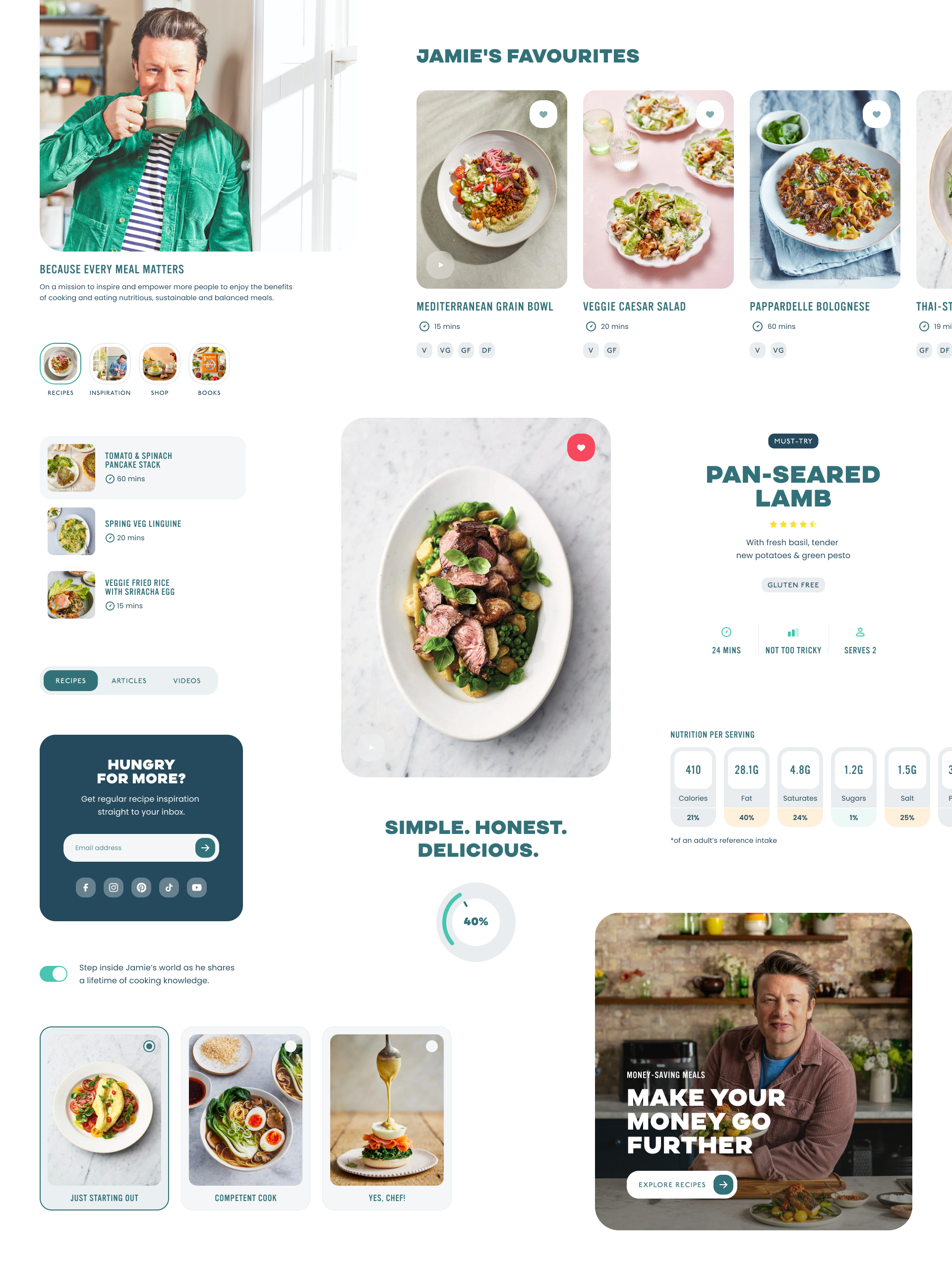 A mood board displaying components of the Jamie Oliver's design system, including colours, typography, UI elements, and layouts.